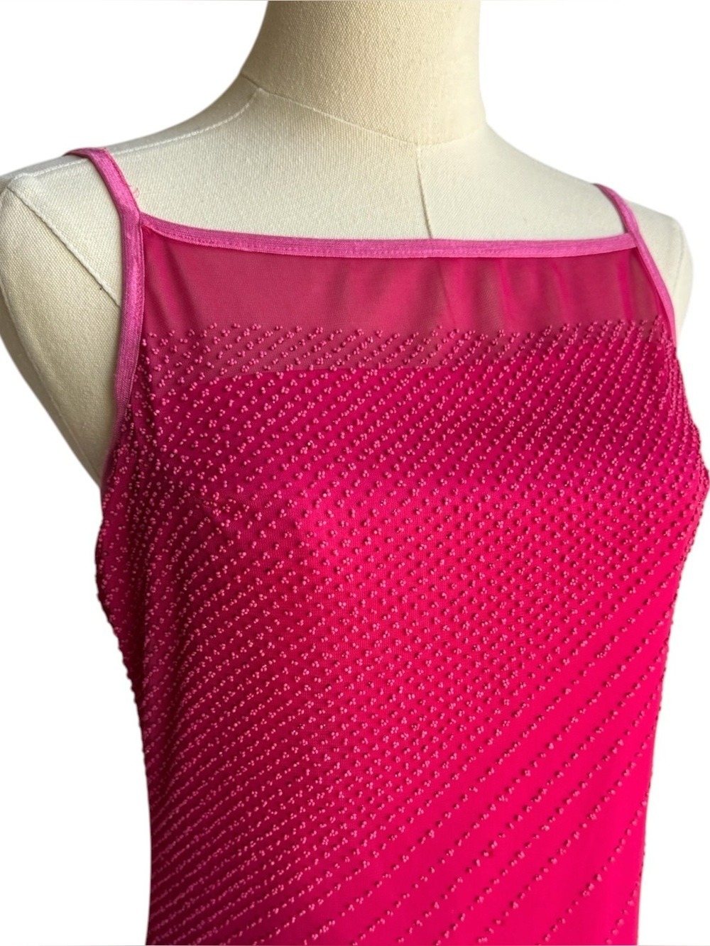 90s Grace Beaded Maxi Dress Sz L Barbie Pink Spaghetti Straps Semi Sheer USA